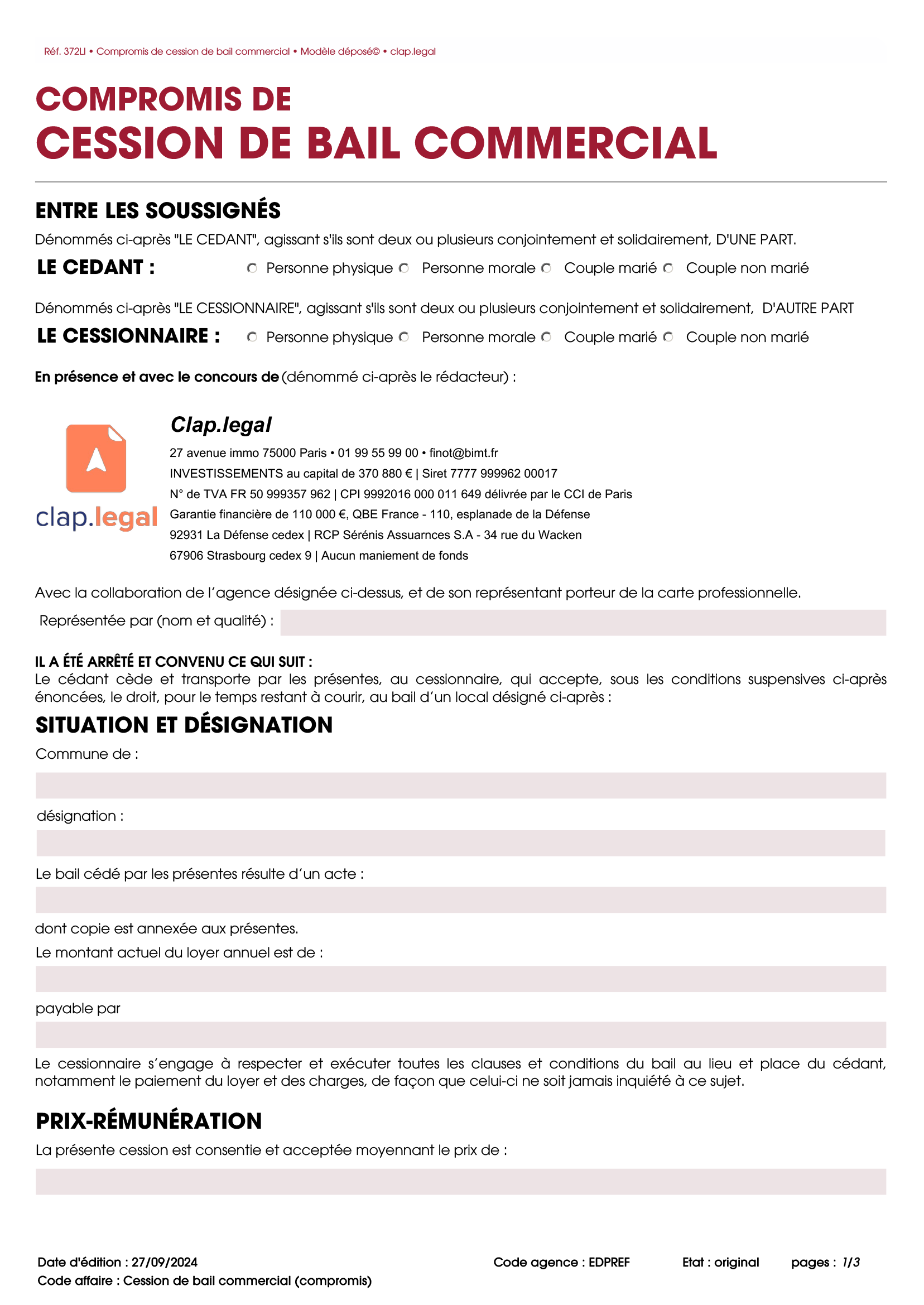 Cession de bail commercial (compromis)