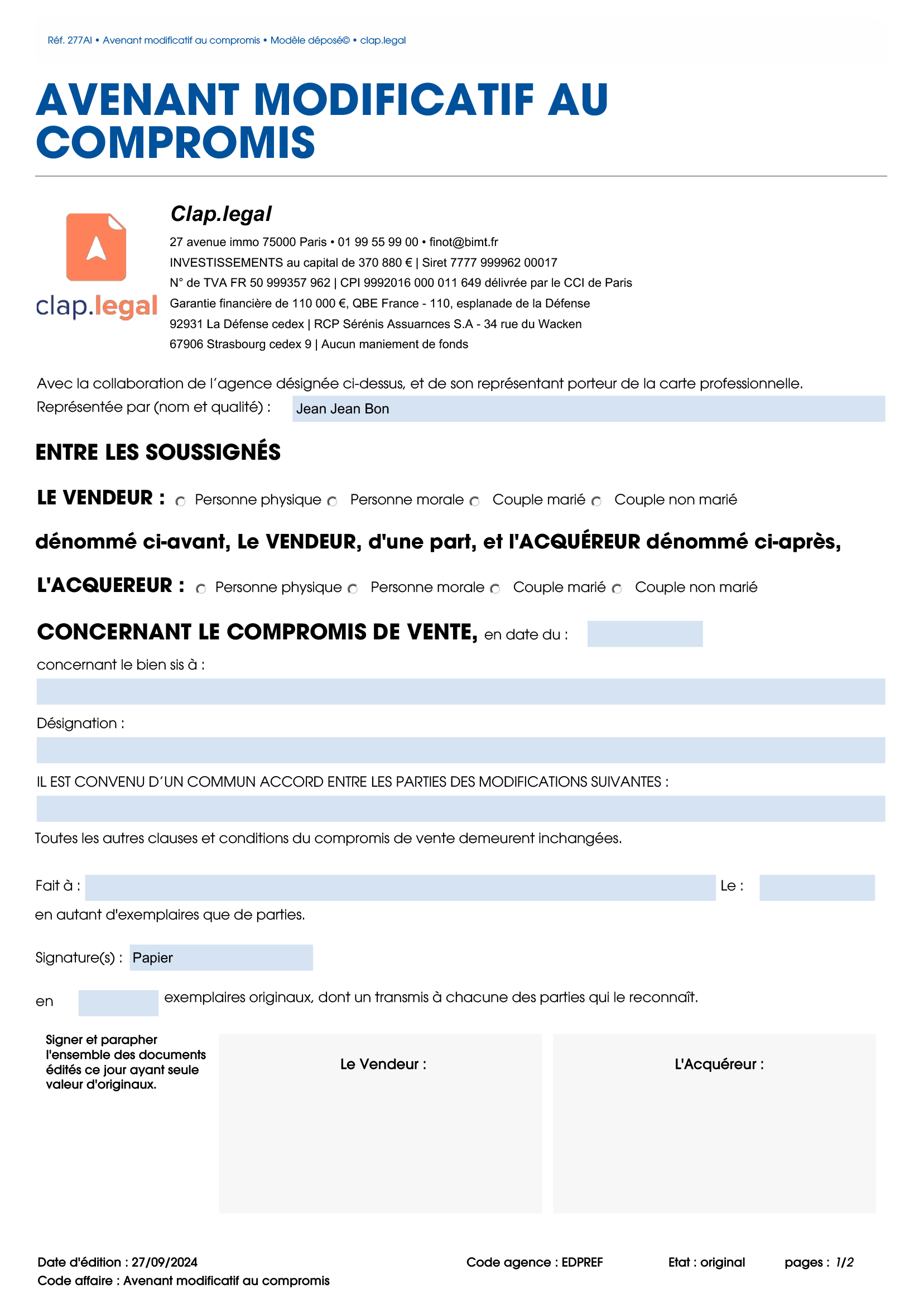 Avenant modificatif au compromis