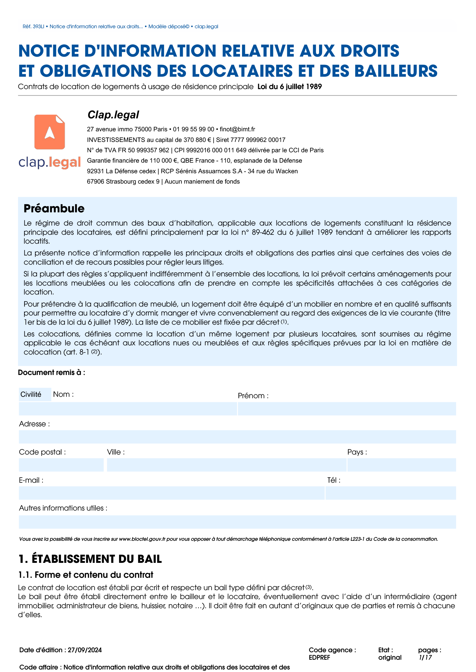 Notice d'information relative aux droits et obligations des locataires et des bailleurs