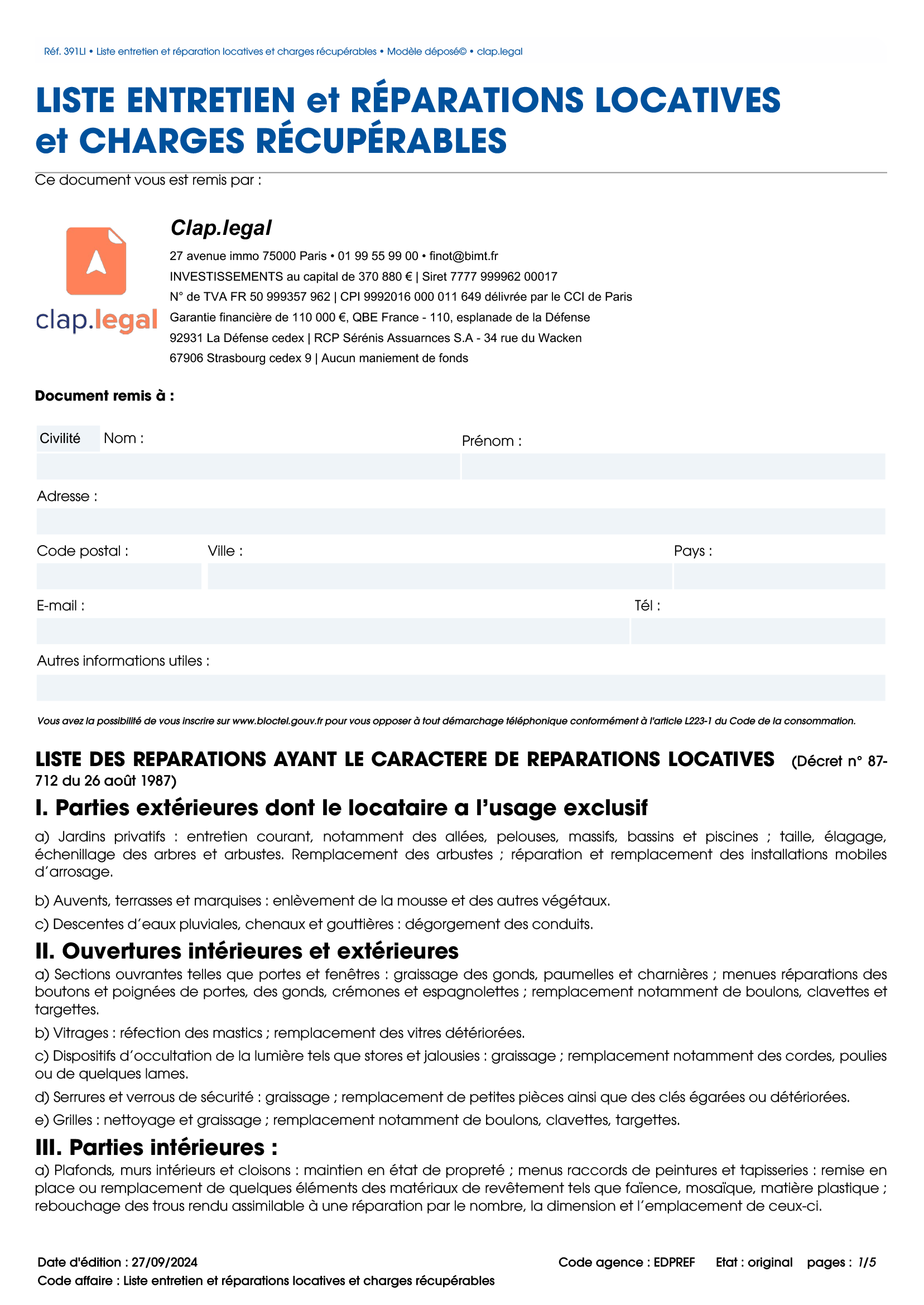 Liste entretien et réparations locatives et charges récupérables