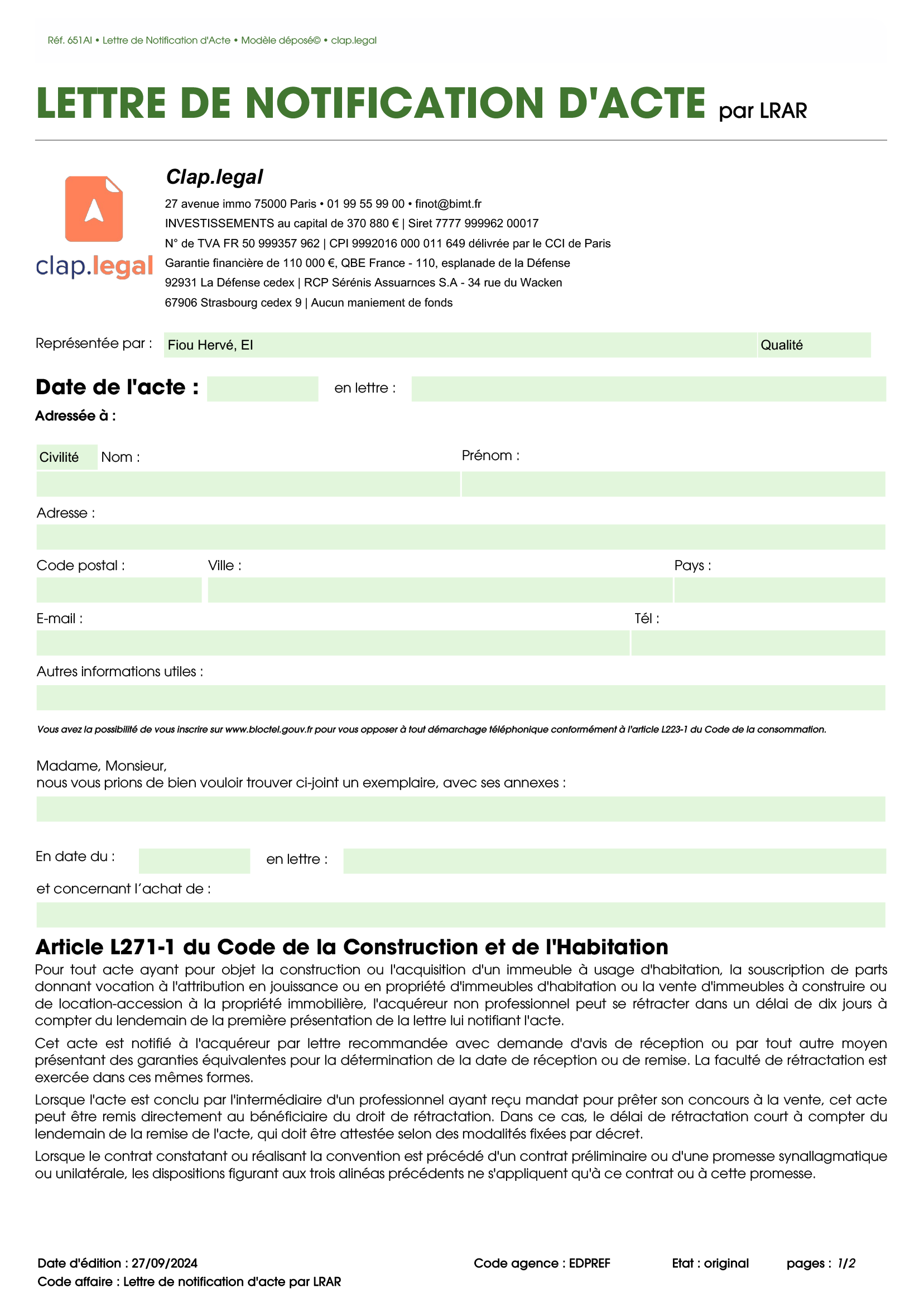 Lettre de notification d'acte par LRAR