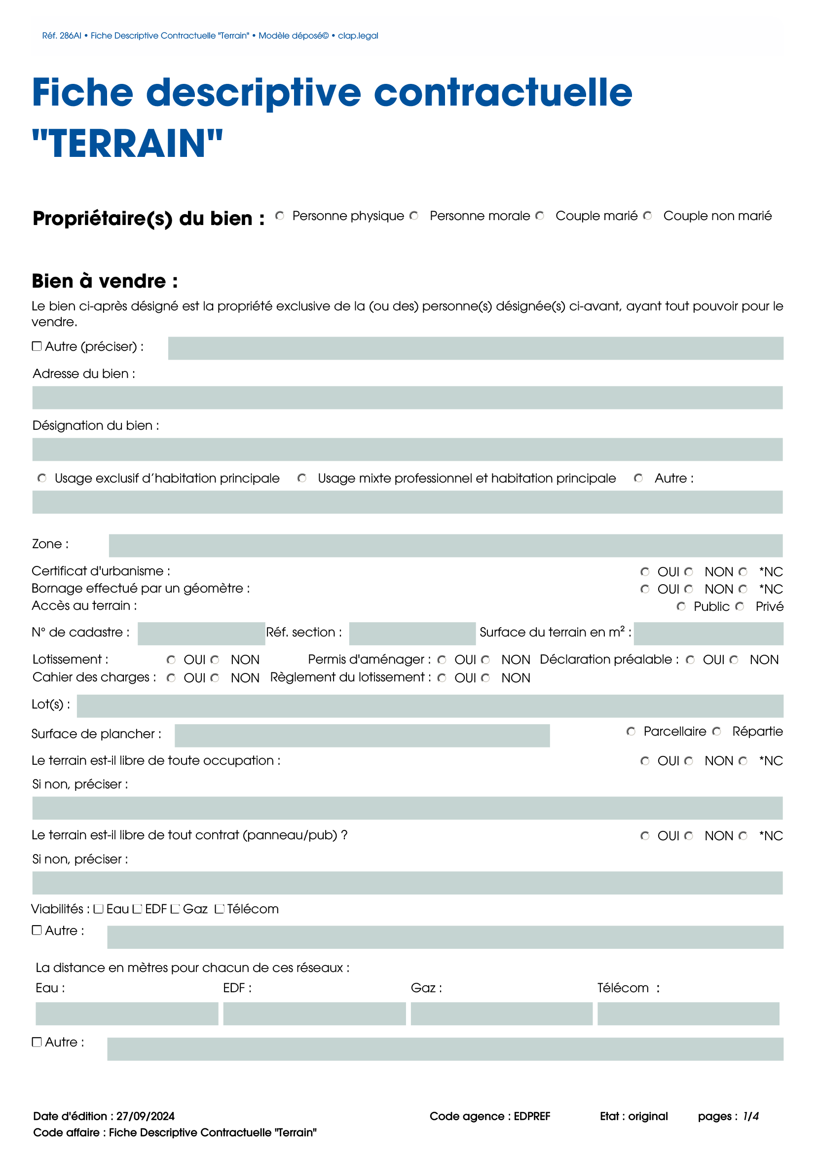 Fiche Descriptive Contractuelle "Terrain"