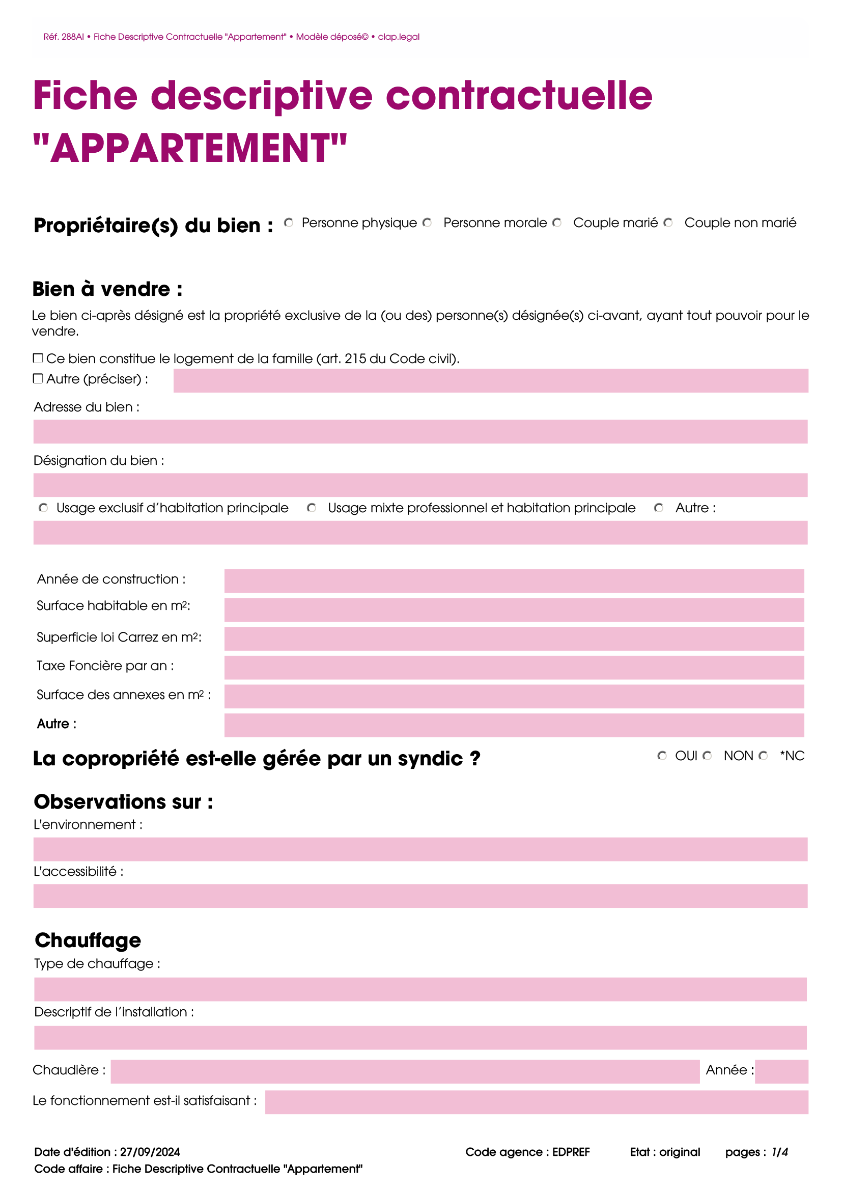 Fiche Descriptive Contractuelle "Appartement"