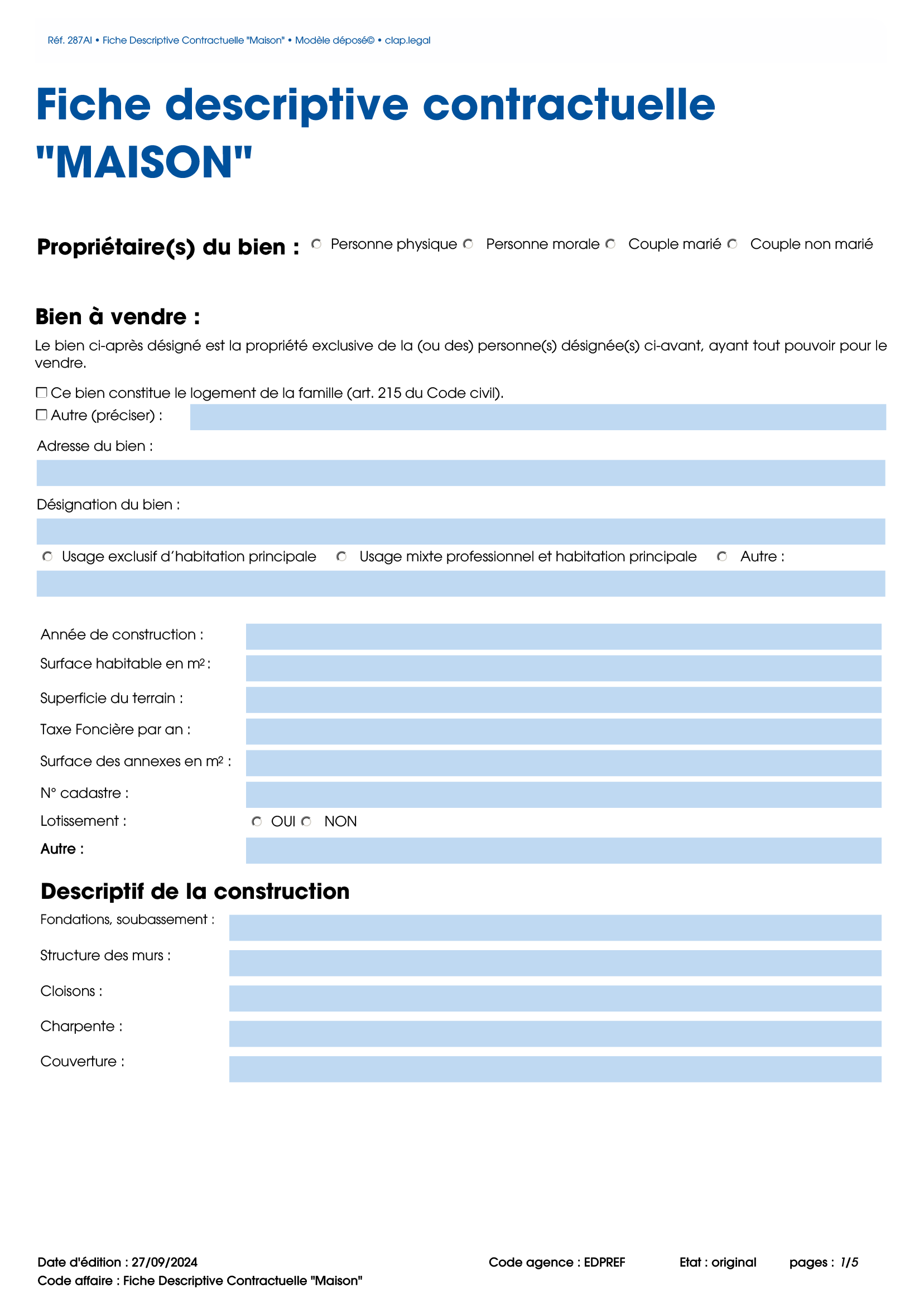 Fiche Descriptive Contractuelle "Maison"