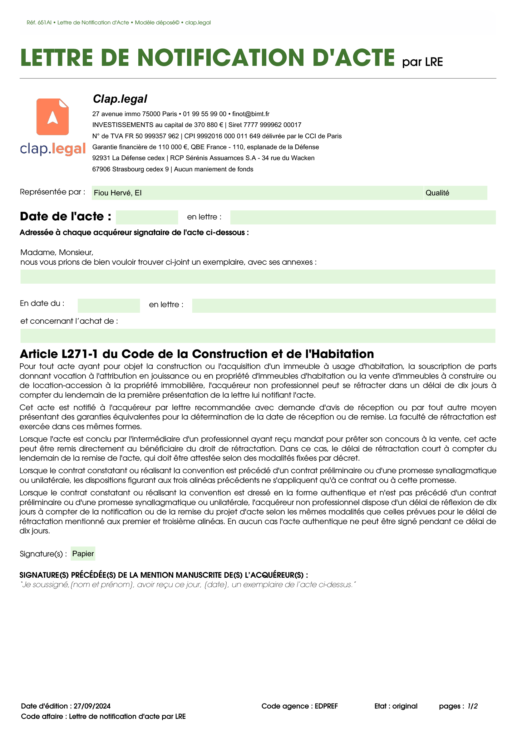 Lettre de notification d'acte par LRE