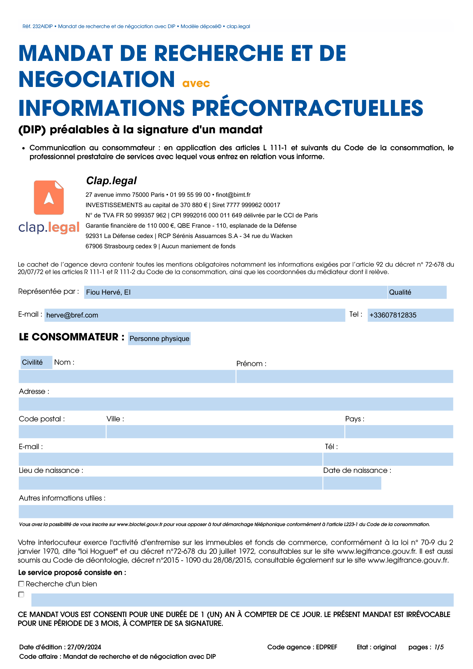 Mandat de recherche et de négociation avec DIP