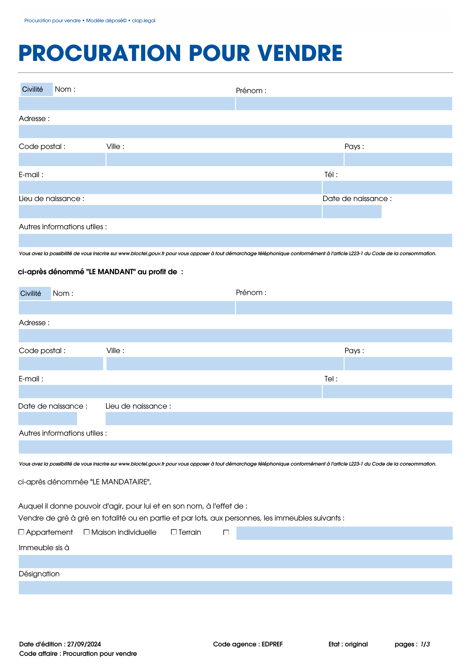 Procuration pour vendre