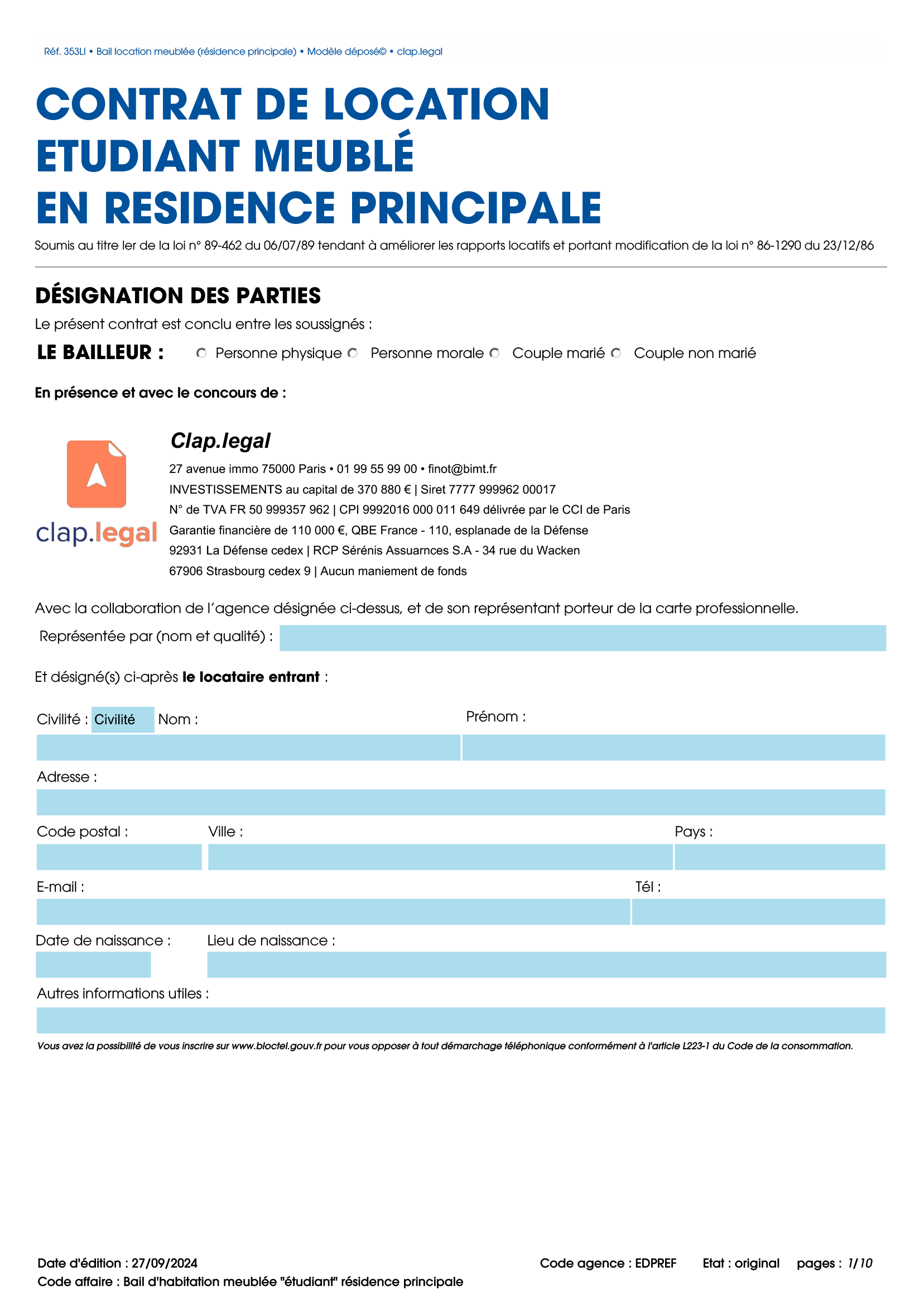 Bail d'habitation meublée "étudiant" résidence principale