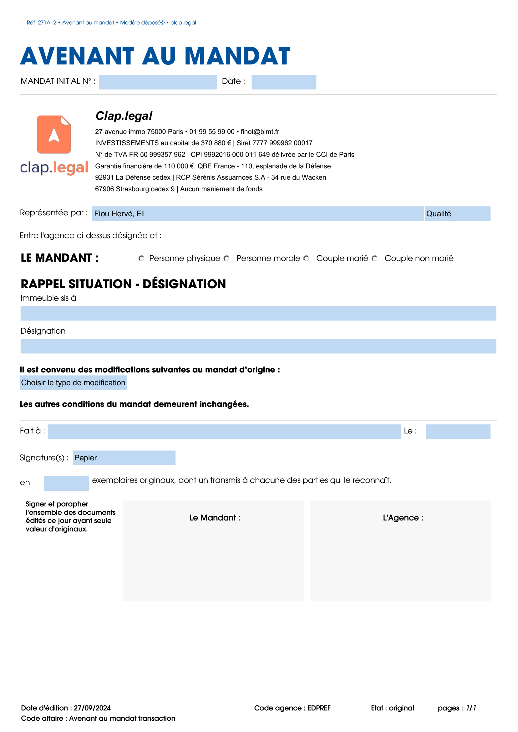 Avenant au mandat transaction